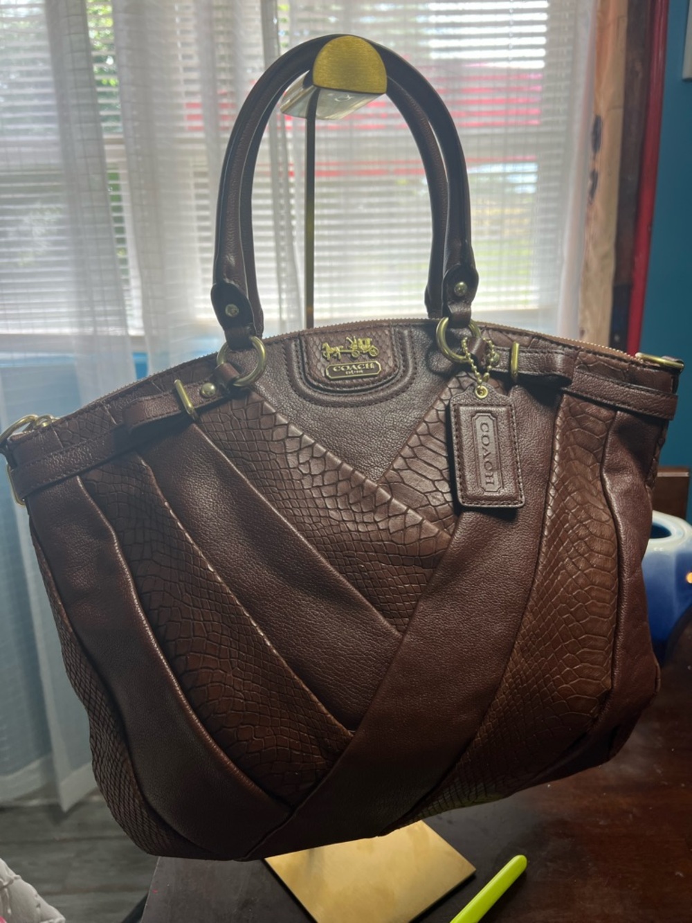 Coach Brown Leather Patchwork Tote with Brass Hardware